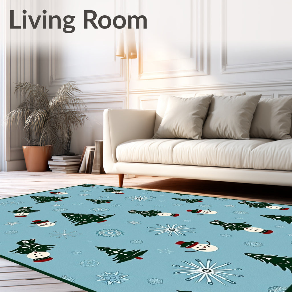 Festive Blue Snowman Tree Snowflake Rug