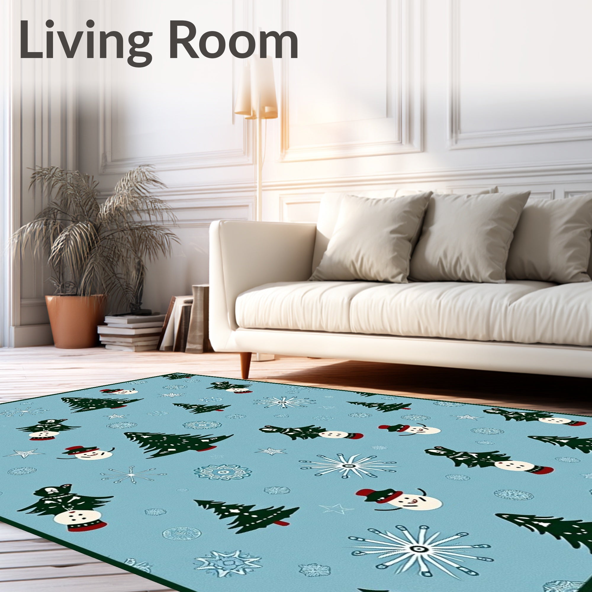 Festive Blue Snowman Tree Snowflake Rug