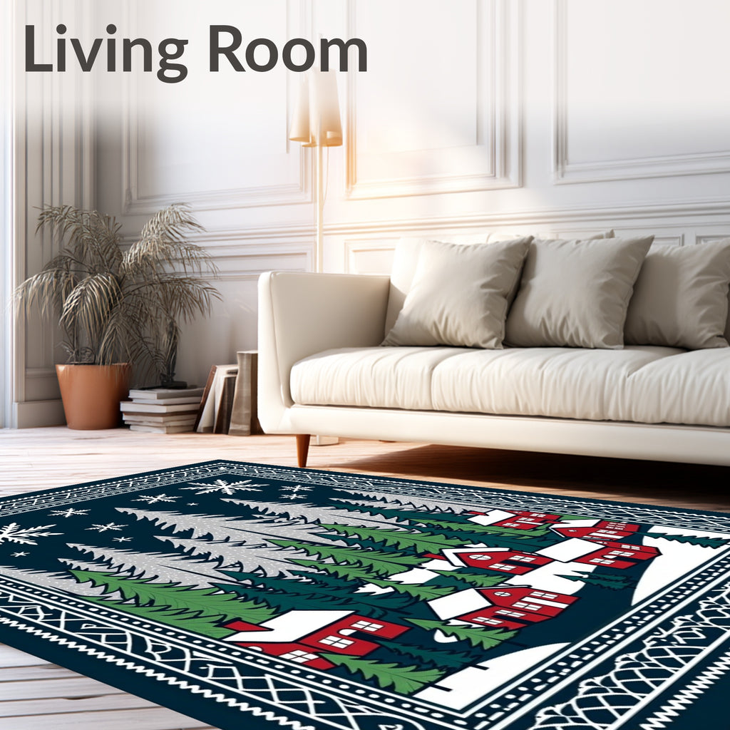 Snowy Village Forest Winter Scene Rug