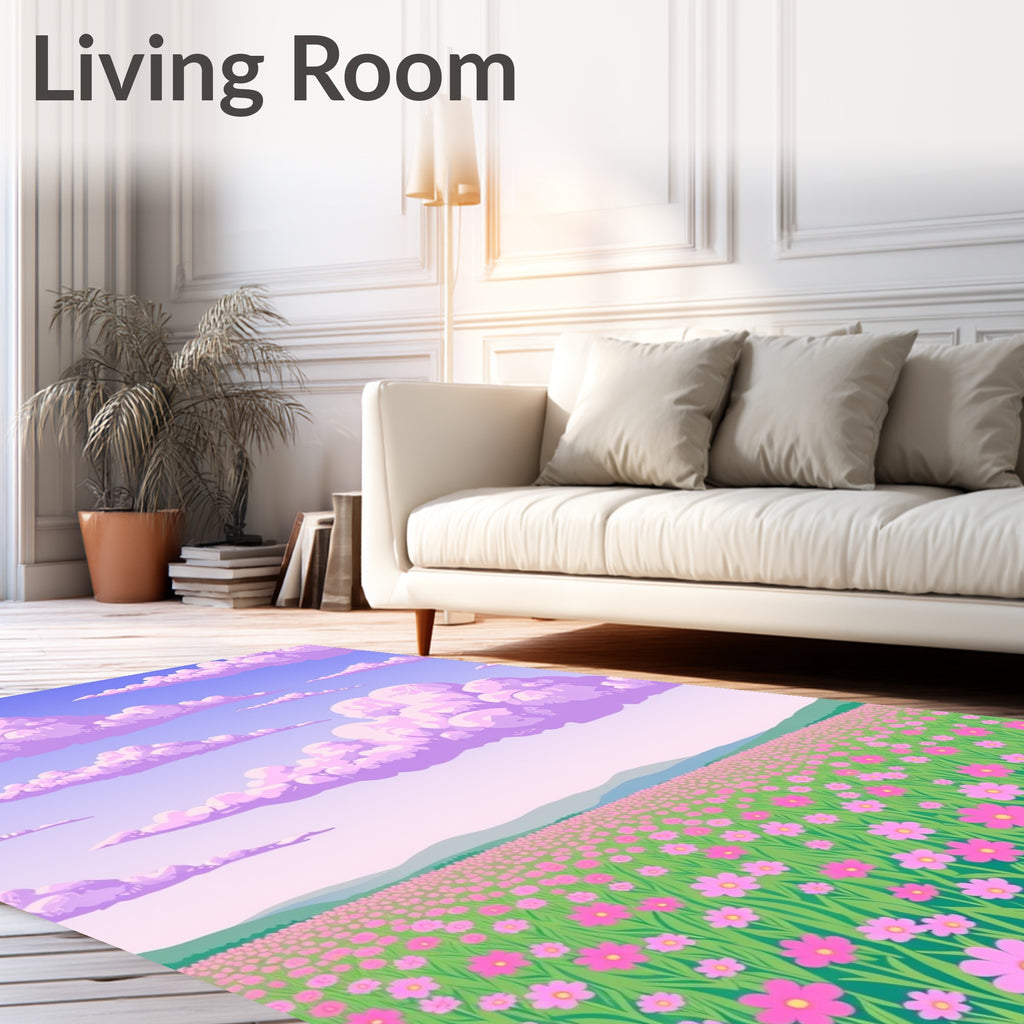 Pink Flower Field With Purple Clouds Rug