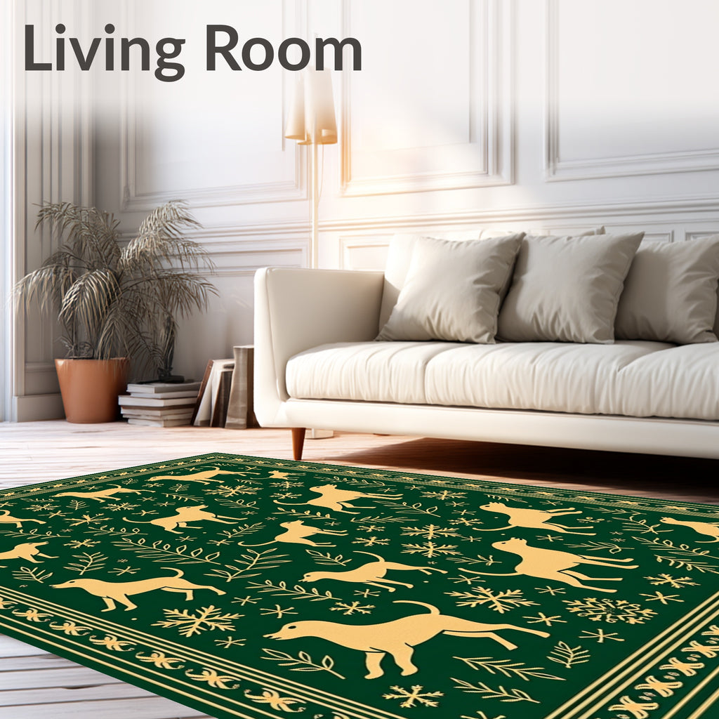 Golden Dogs and Snowflakes on Green Rug