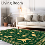 Golden Dogs and Snowflakes on Green Rug