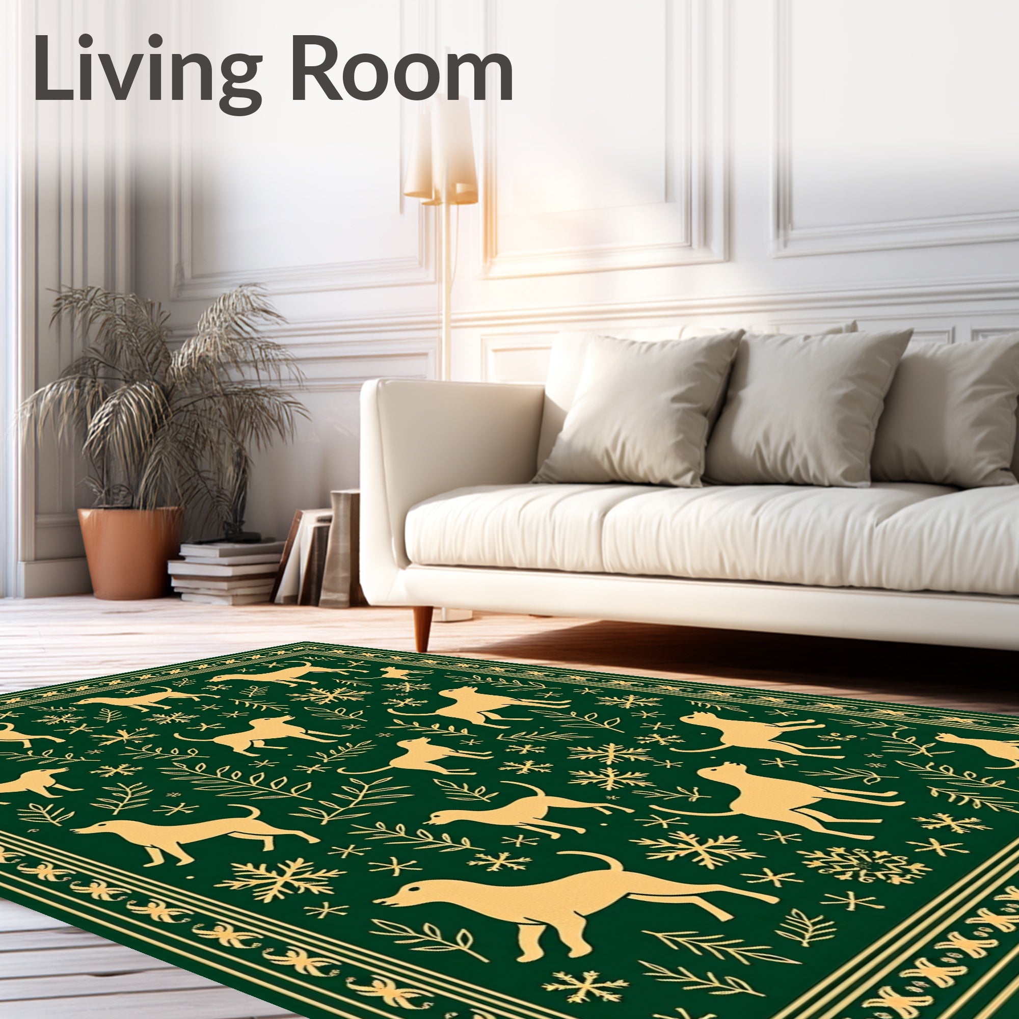 Golden Dogs and Snowflakes on Green Rug