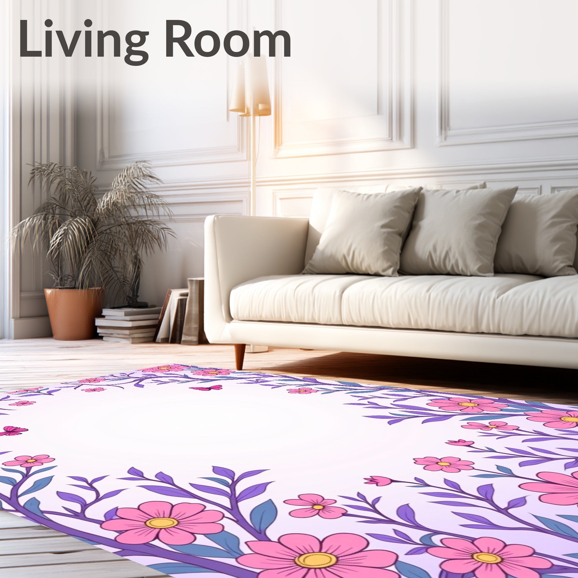 Whimsical Pink Floral Butterfly Frame Rug