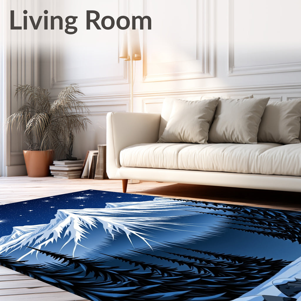 Midnight Blue Snowy Mountains Starry Night Rug