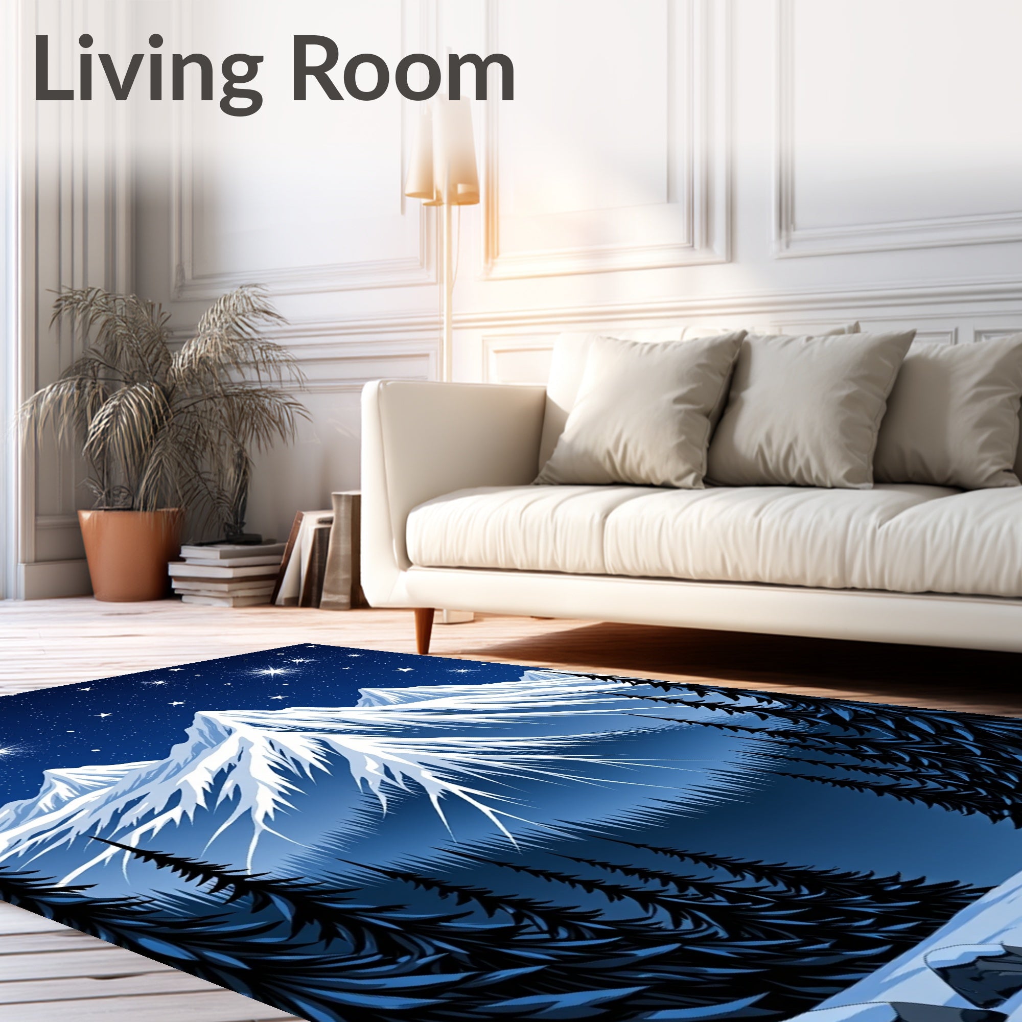 Midnight Blue Snowy Mountains Starry Night Rug