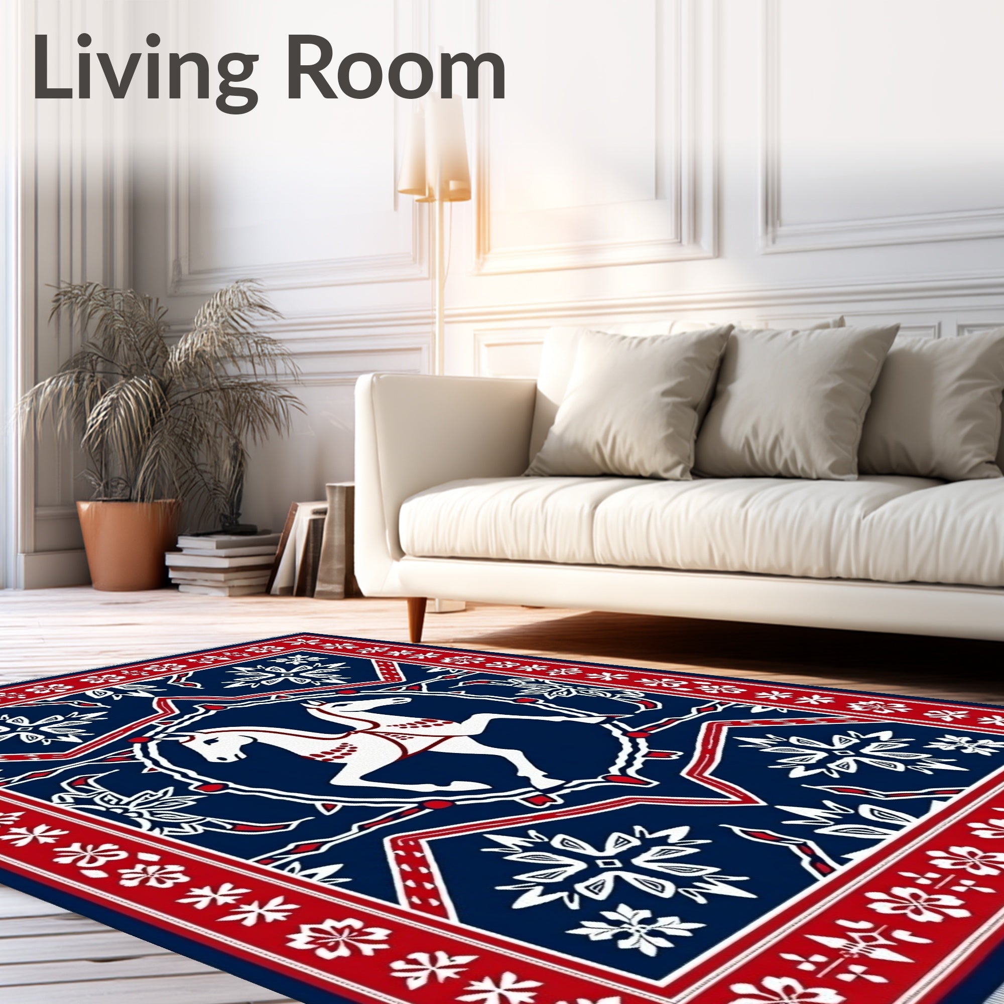 Jumping White Horses on Navy Mandala Rug