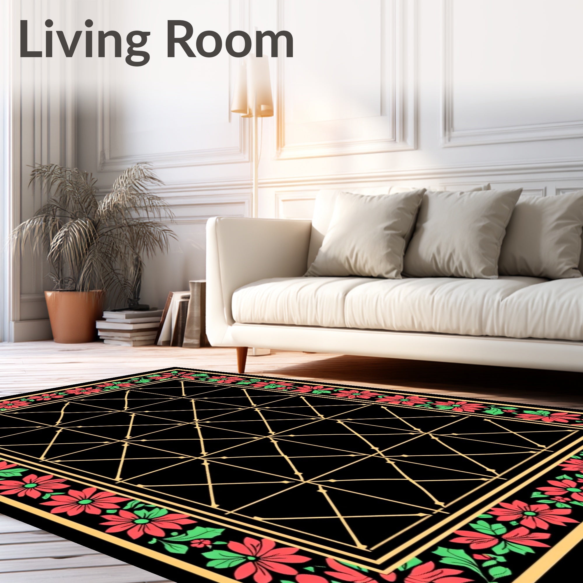 Red Green Floral Golden Lattice Rug