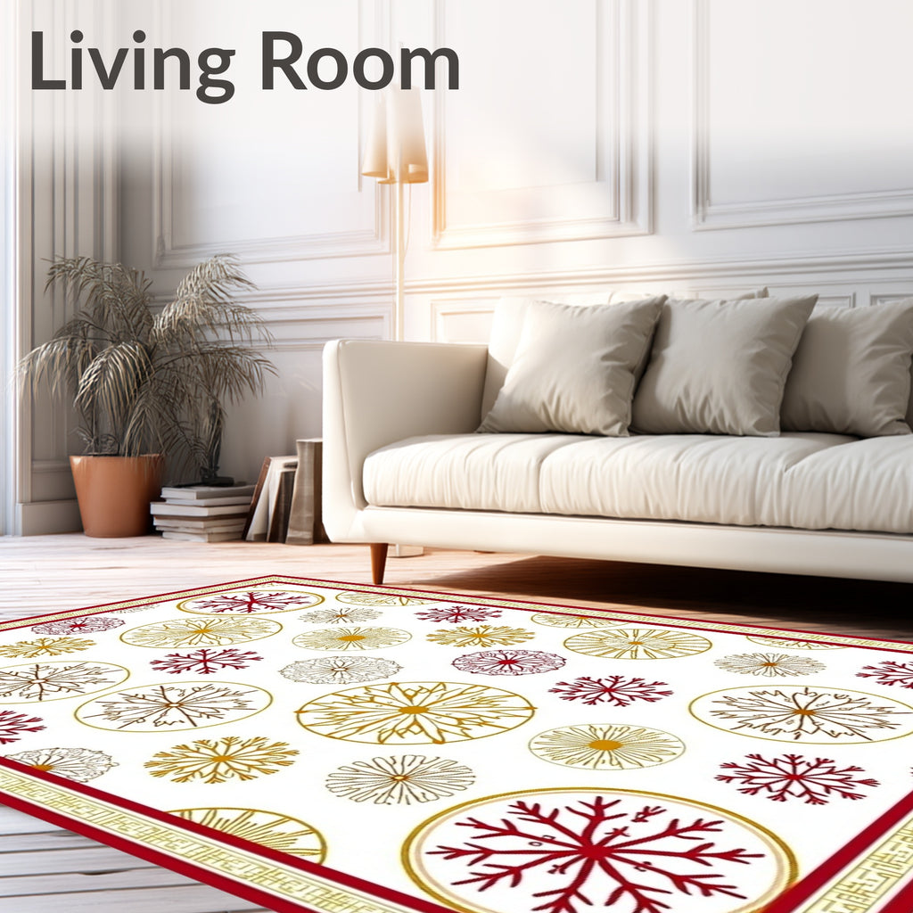 Crimson Gold Circular Snowflake Arrangement Rug