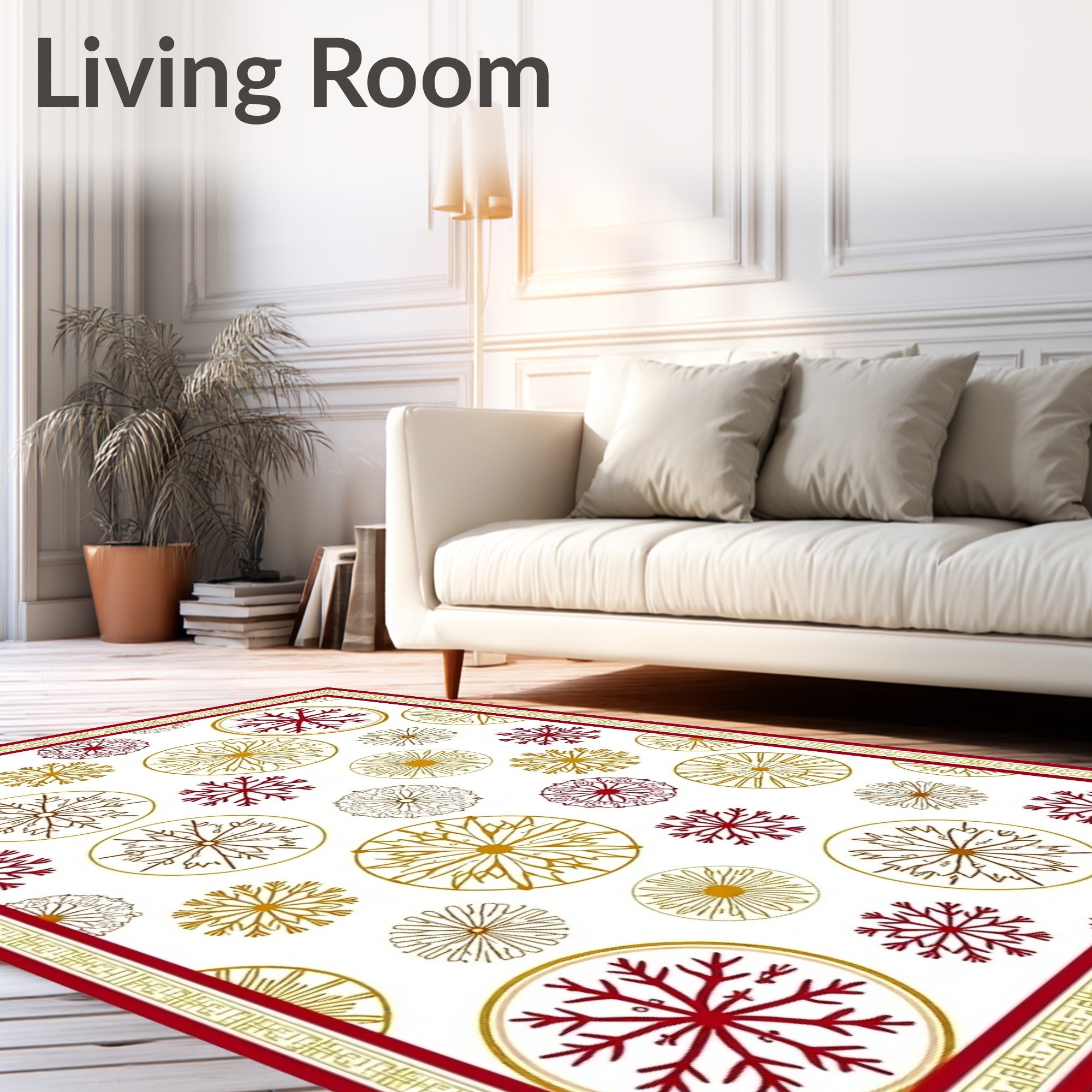 Crimson Gold Circular Snowflake Arrangement Rug