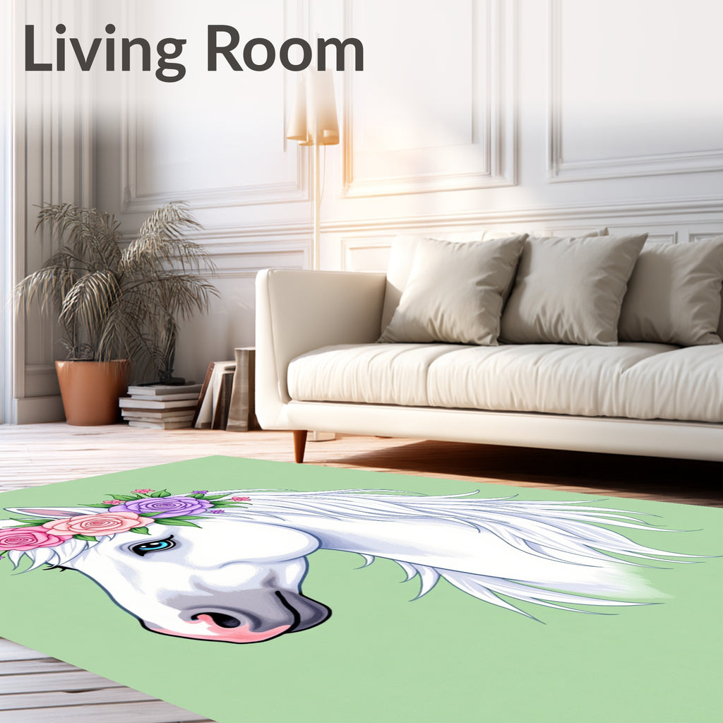 White Horse Floral Crown Pastel Roses Rug