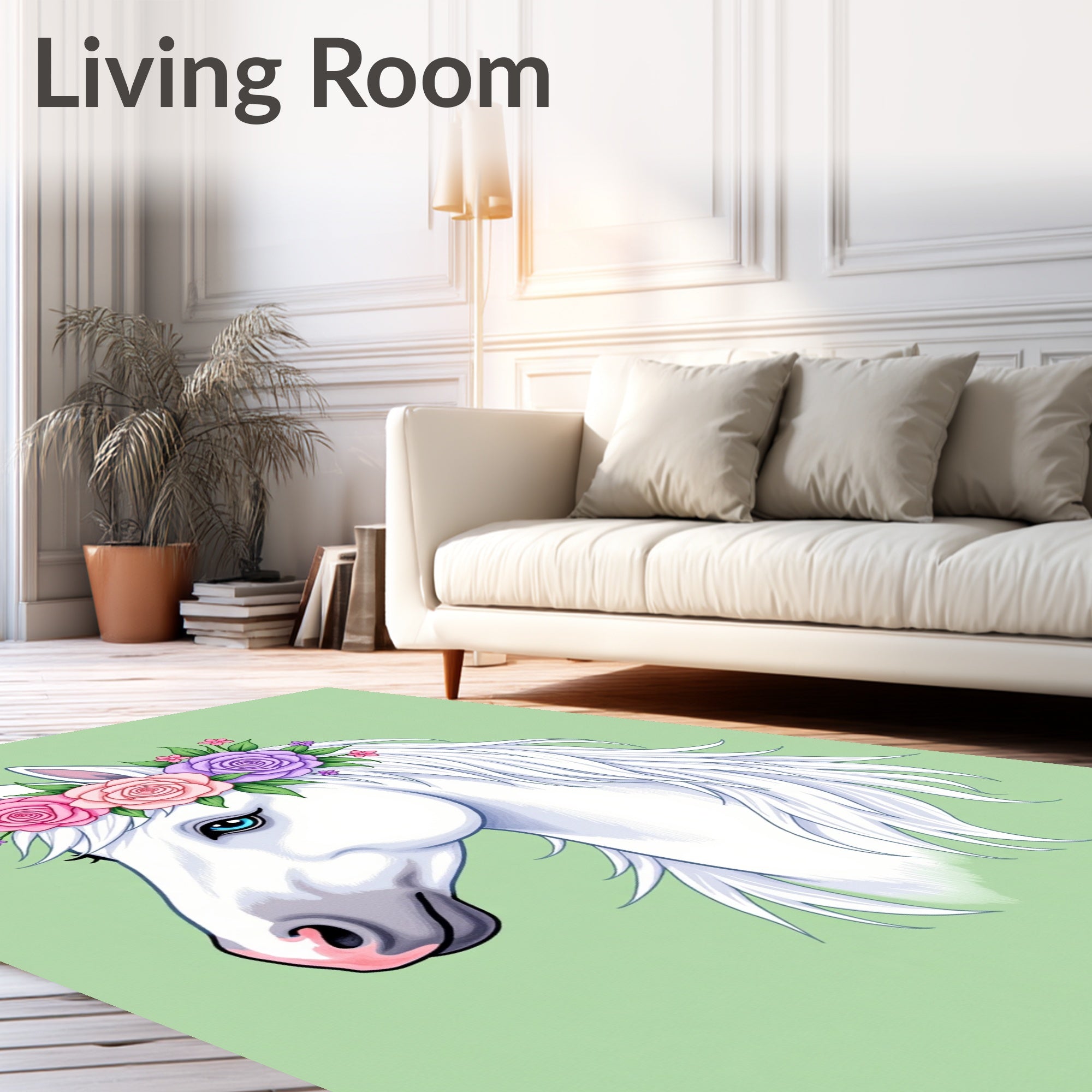 White Horse Floral Crown Pastel Roses Rug
