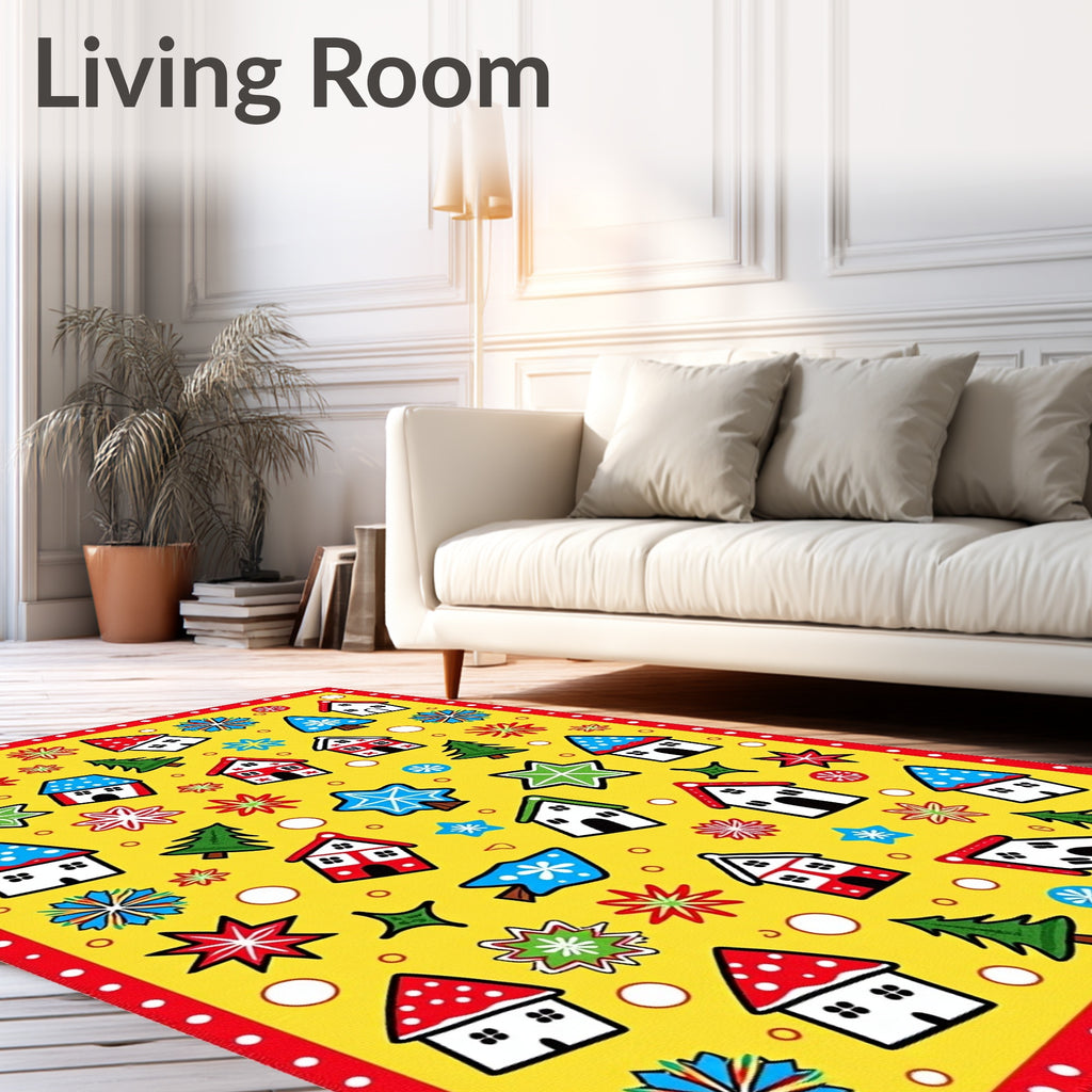 Jubilant Yellow Holiday Houses Stars Rug