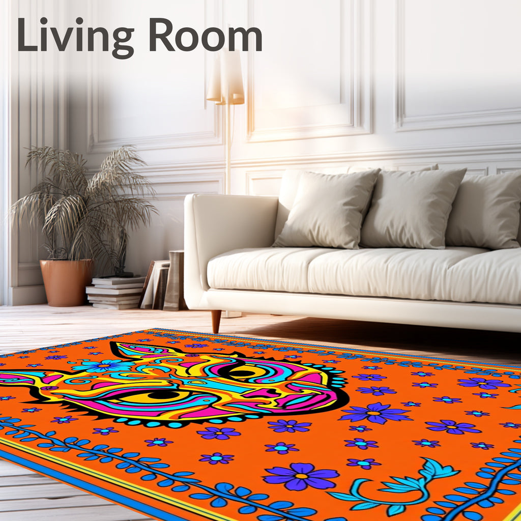 Vivid Orange Fox Floral Border Rug
