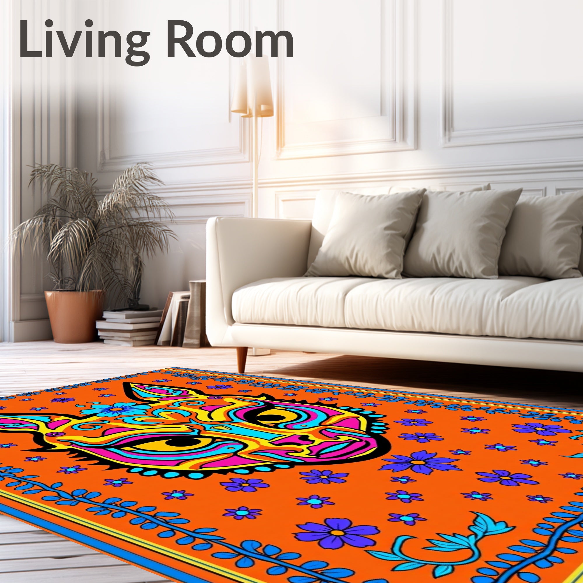 Vivid Orange Fox Floral Border Rug
