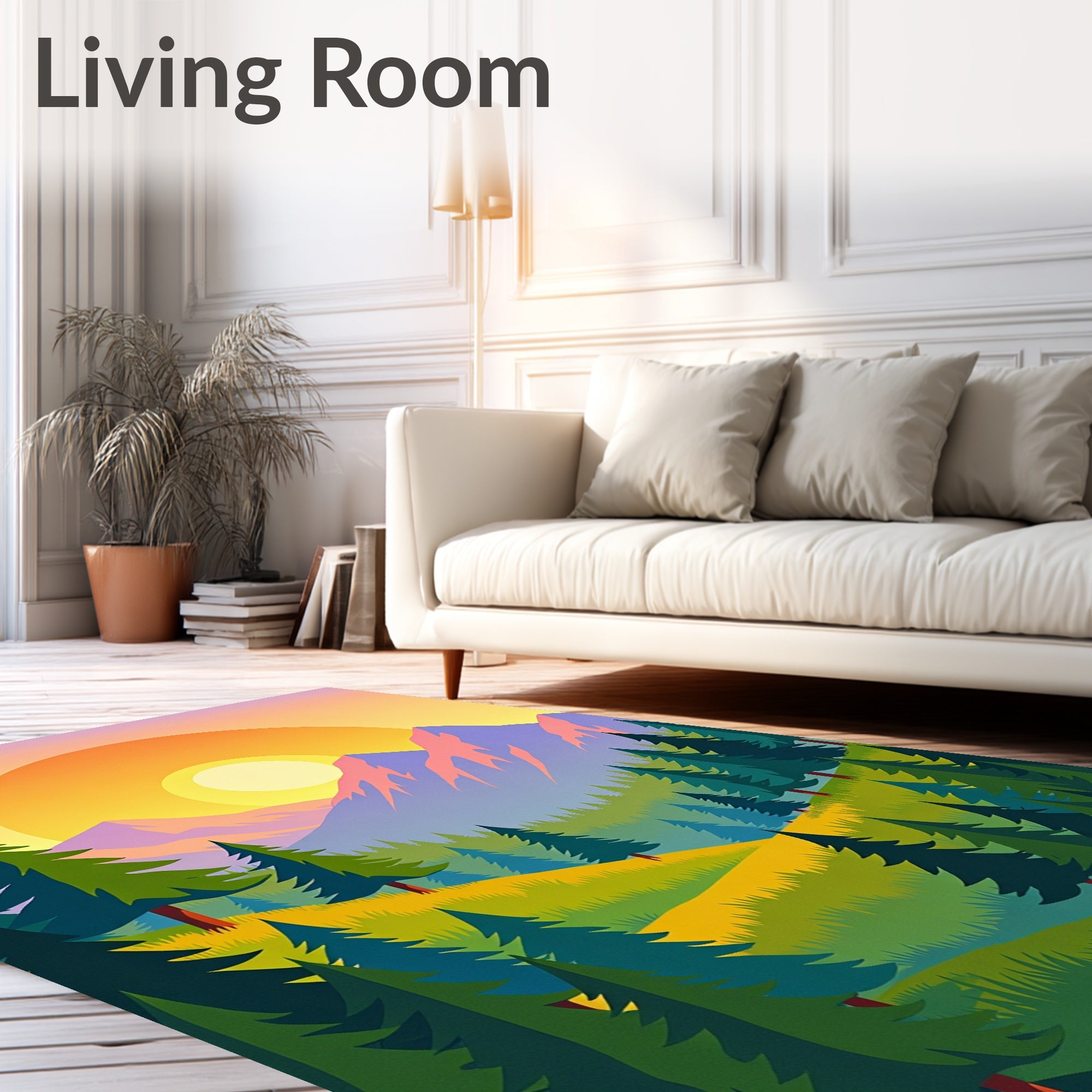 Sunlit Verdant Forest Mountain Landscape Rug