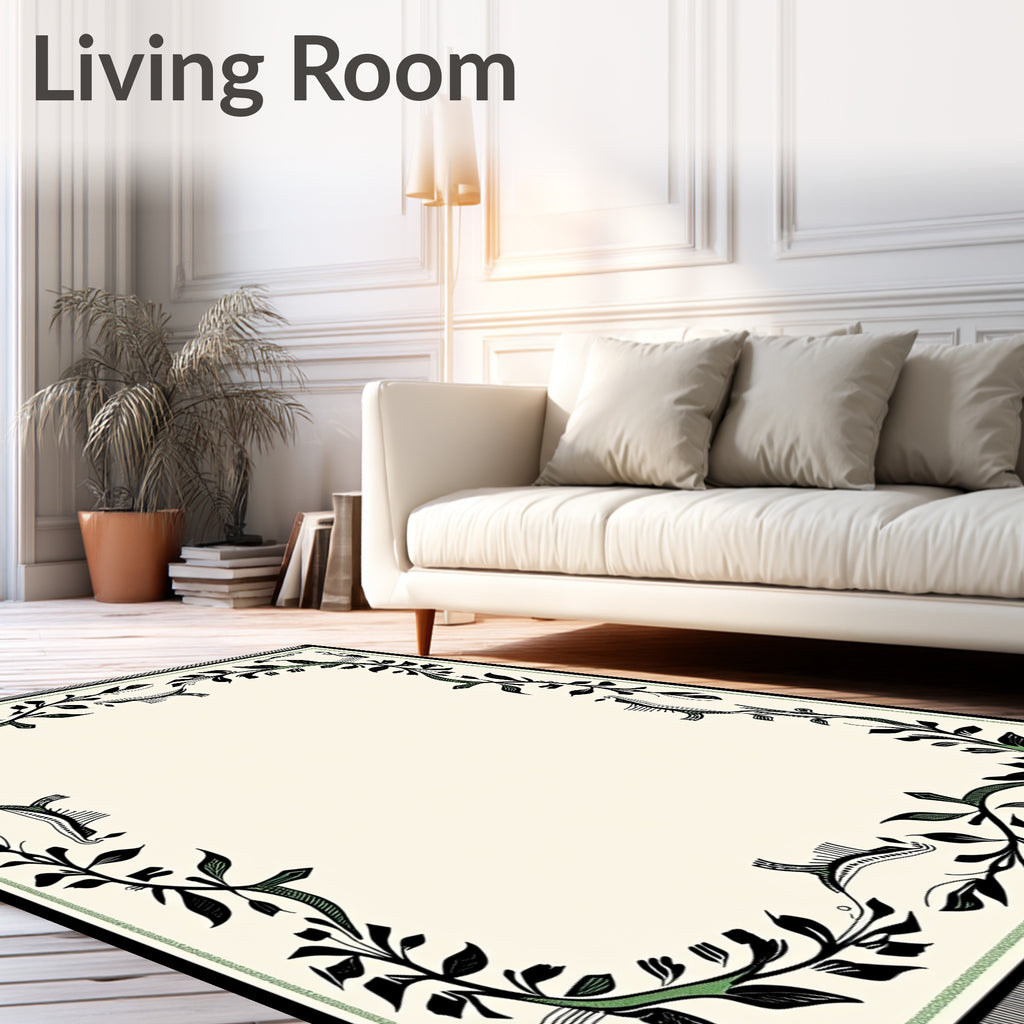 Black Green Leaf Vine Border Rug