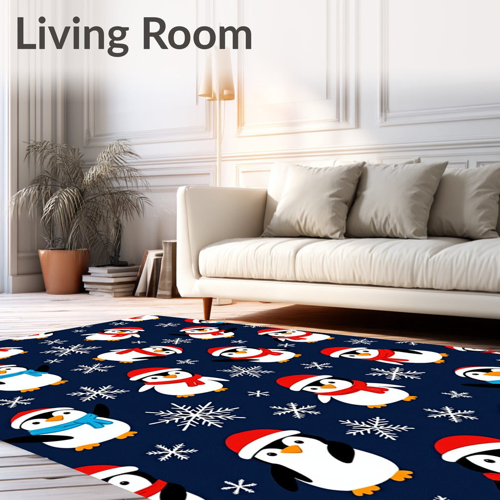 Festive Penguin Snowflakes Navy Background Rug