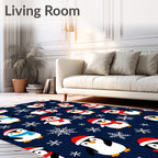 Festive Penguin Snowflakes Navy Background Rug