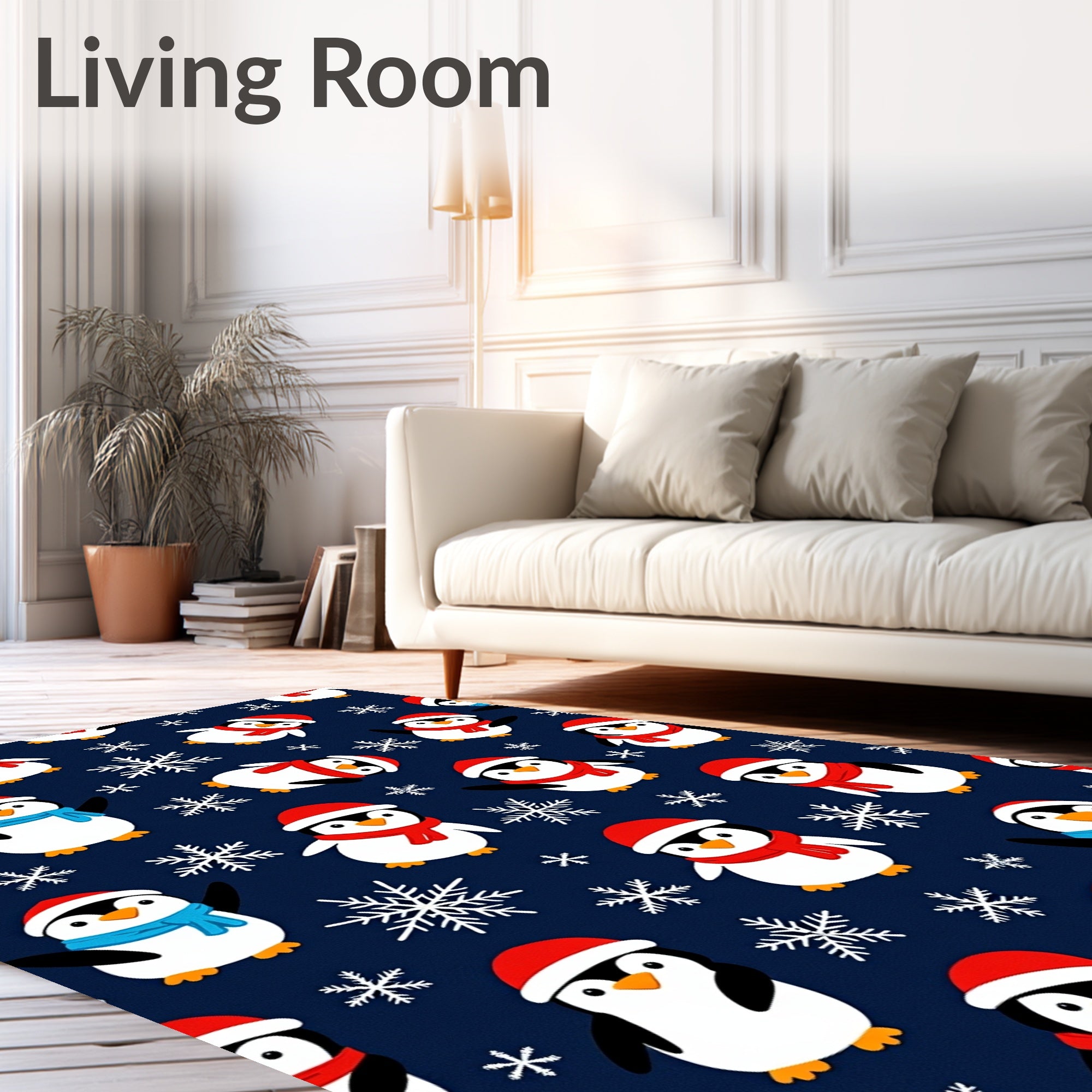 Festive Penguin Snowflakes Navy Background Rug