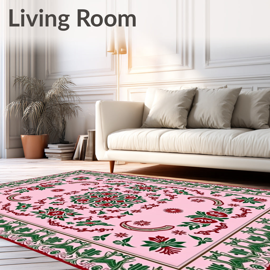 Pink Red Green Floral Garden Medallion Rug