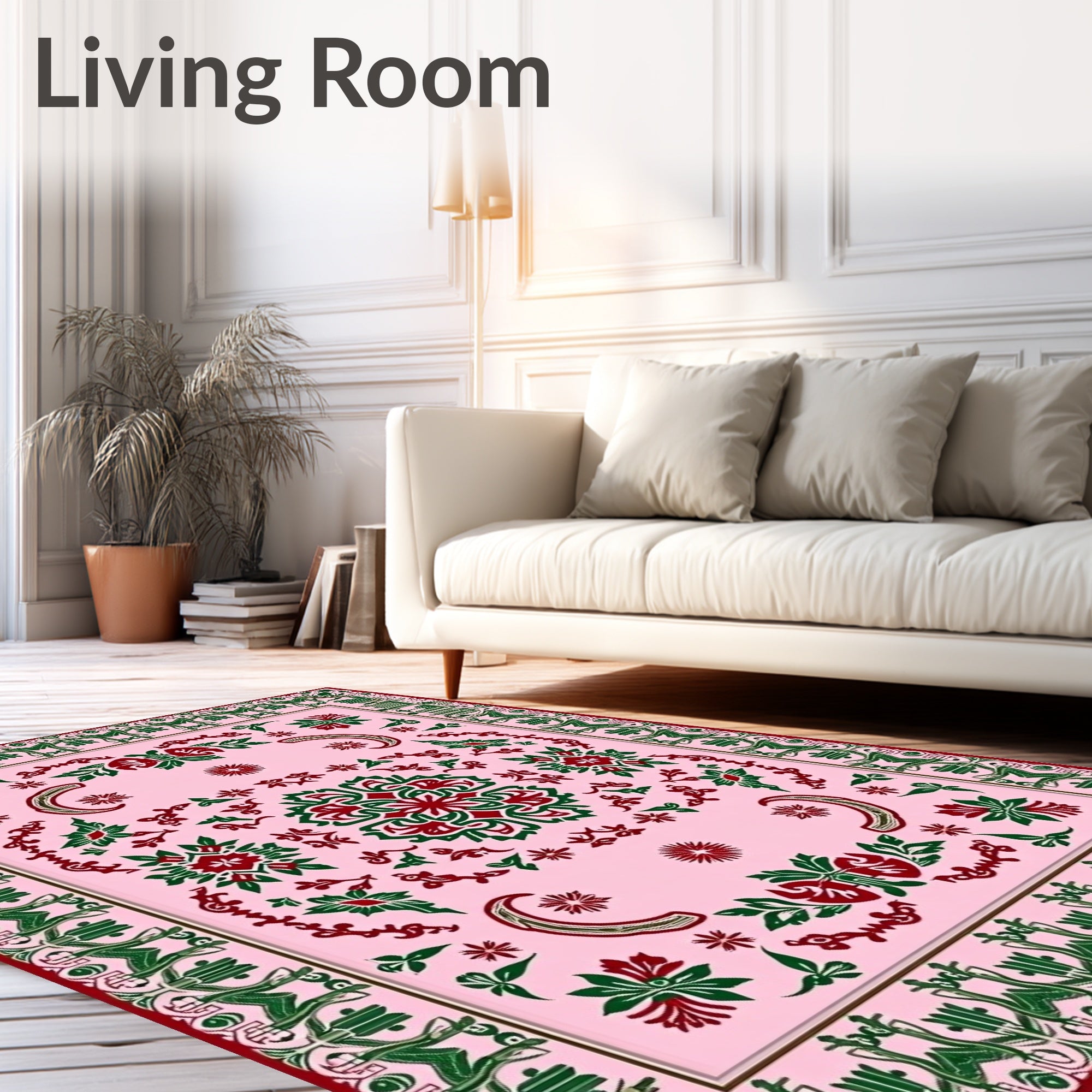 Pink Red Green Floral Garden Medallion Rug