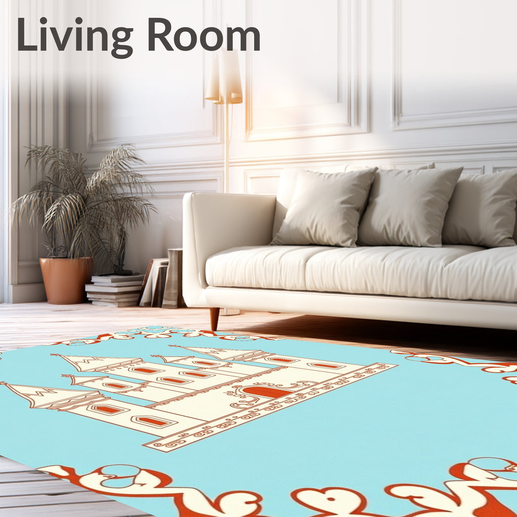 Whimsical Castle Sky Blue Orange Rug