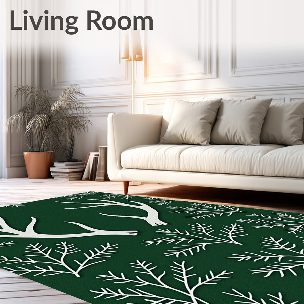 White Antlers on Deep Forest Green Background Rug