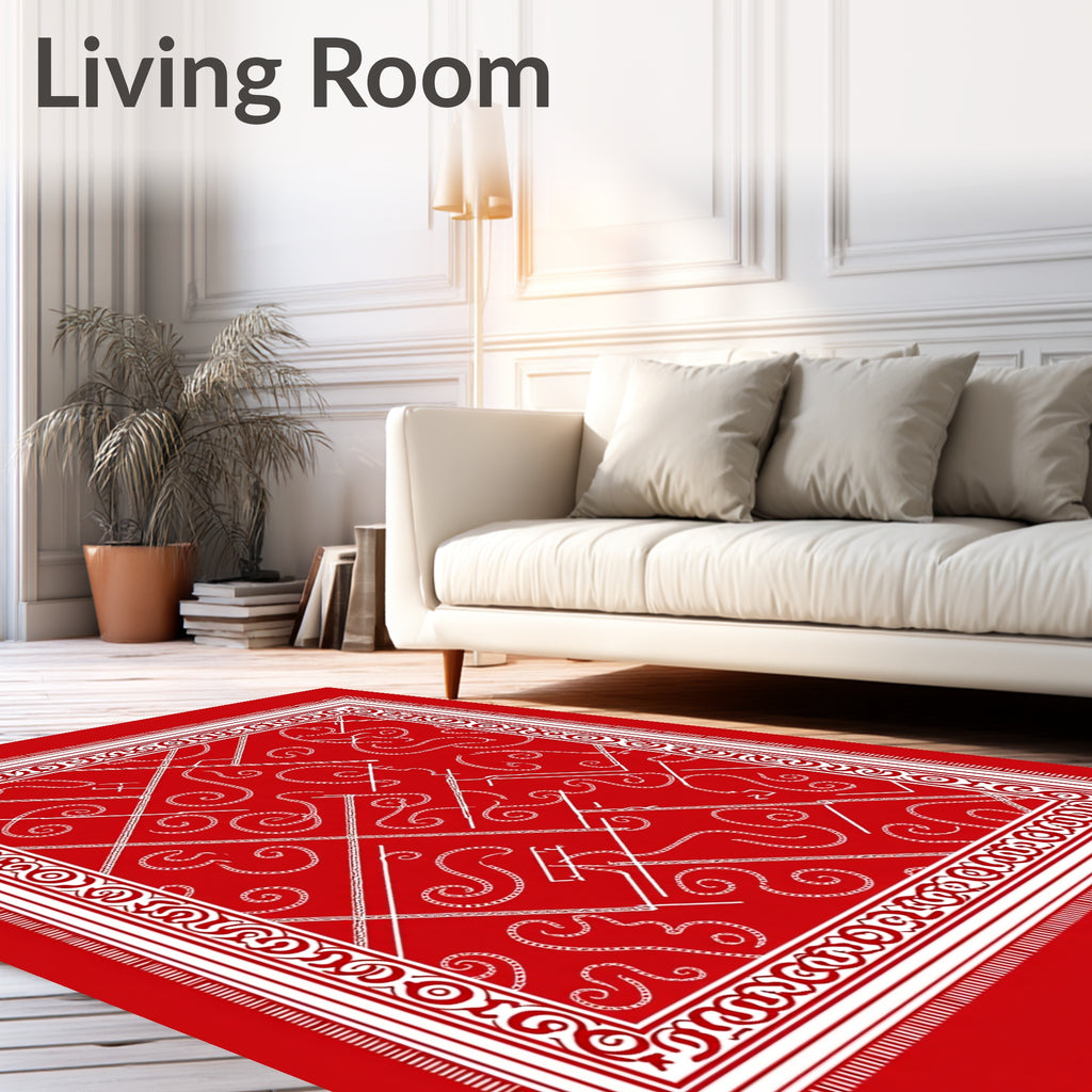 Red White Scrollwork Border Rug