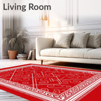Red White Scrollwork Border Rug