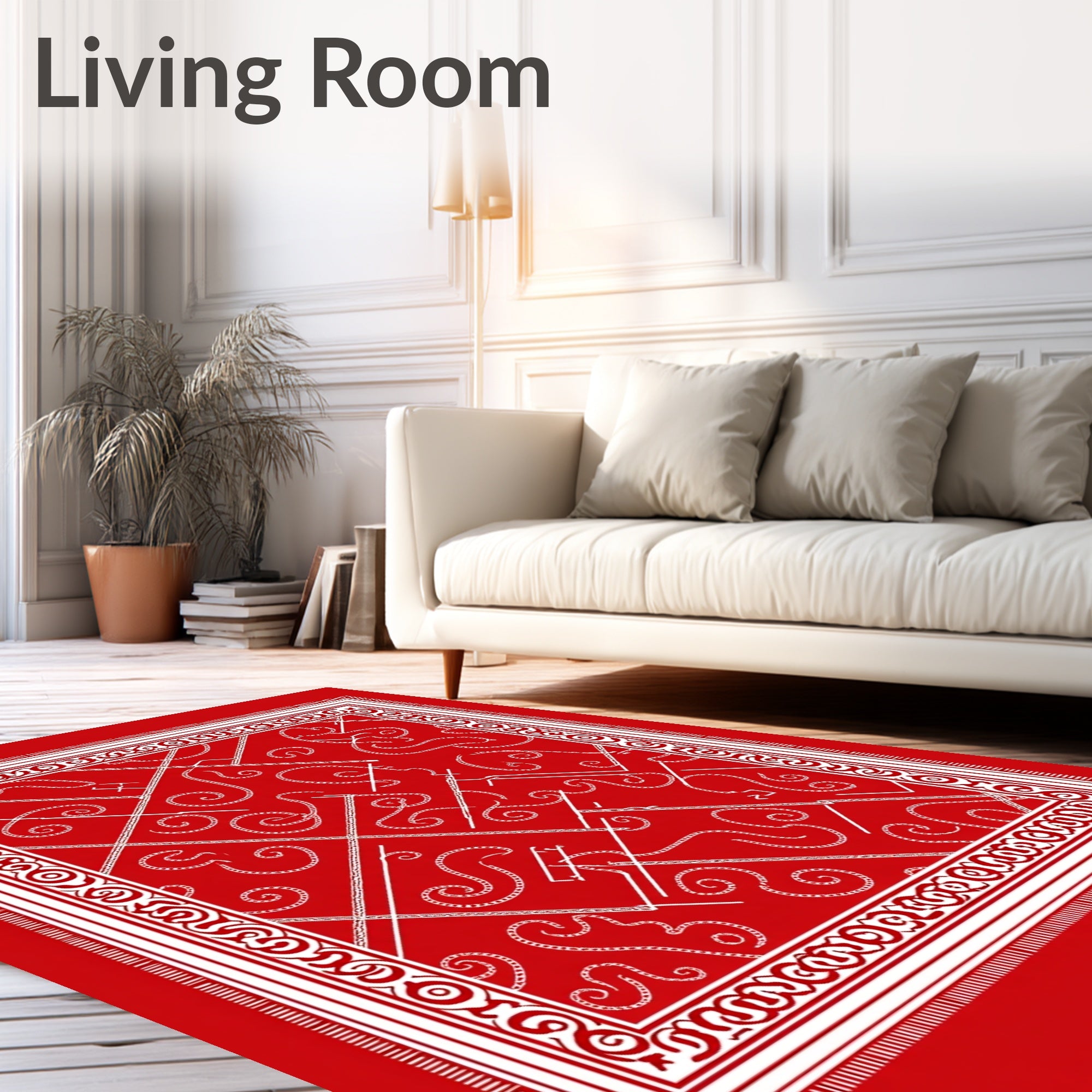 Red White Scrollwork Border Rug