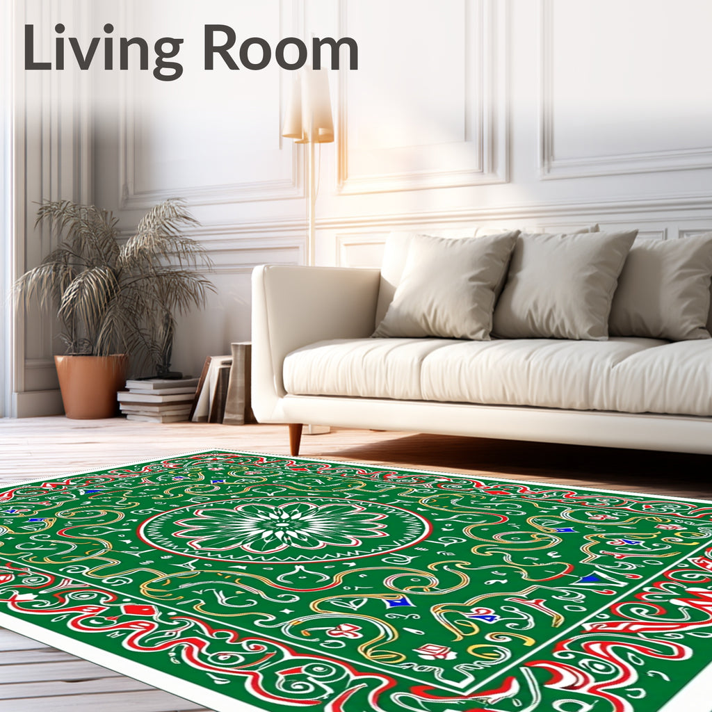 Bright Green Ornate Floral Medallion Rug