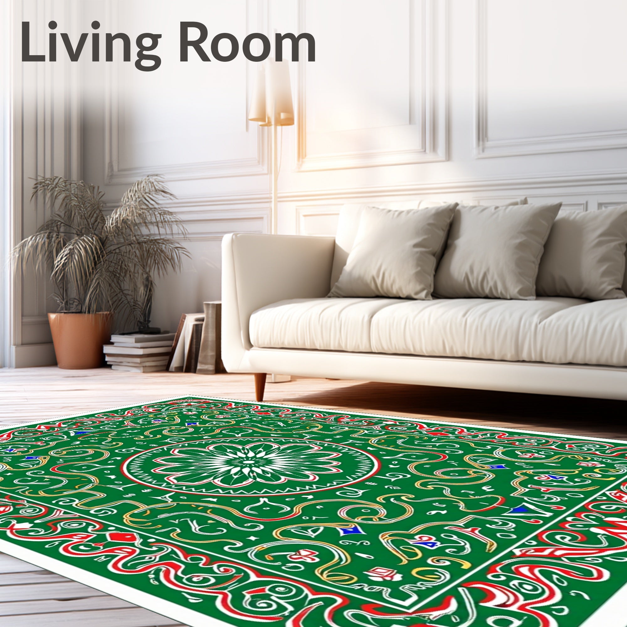 Bright Green Ornate Floral Medallion Rug