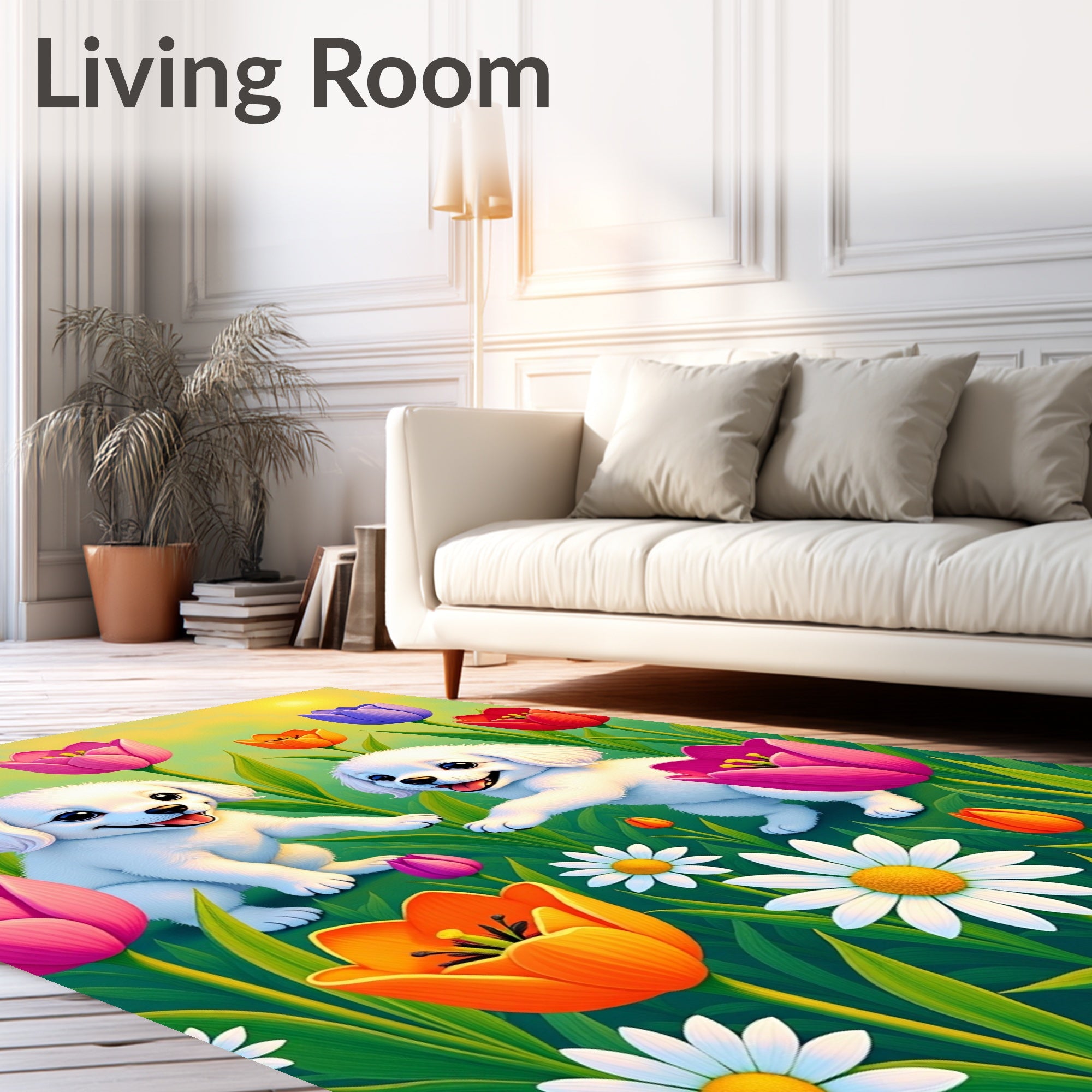 Whimsical White Puppies Floral Garden Rug