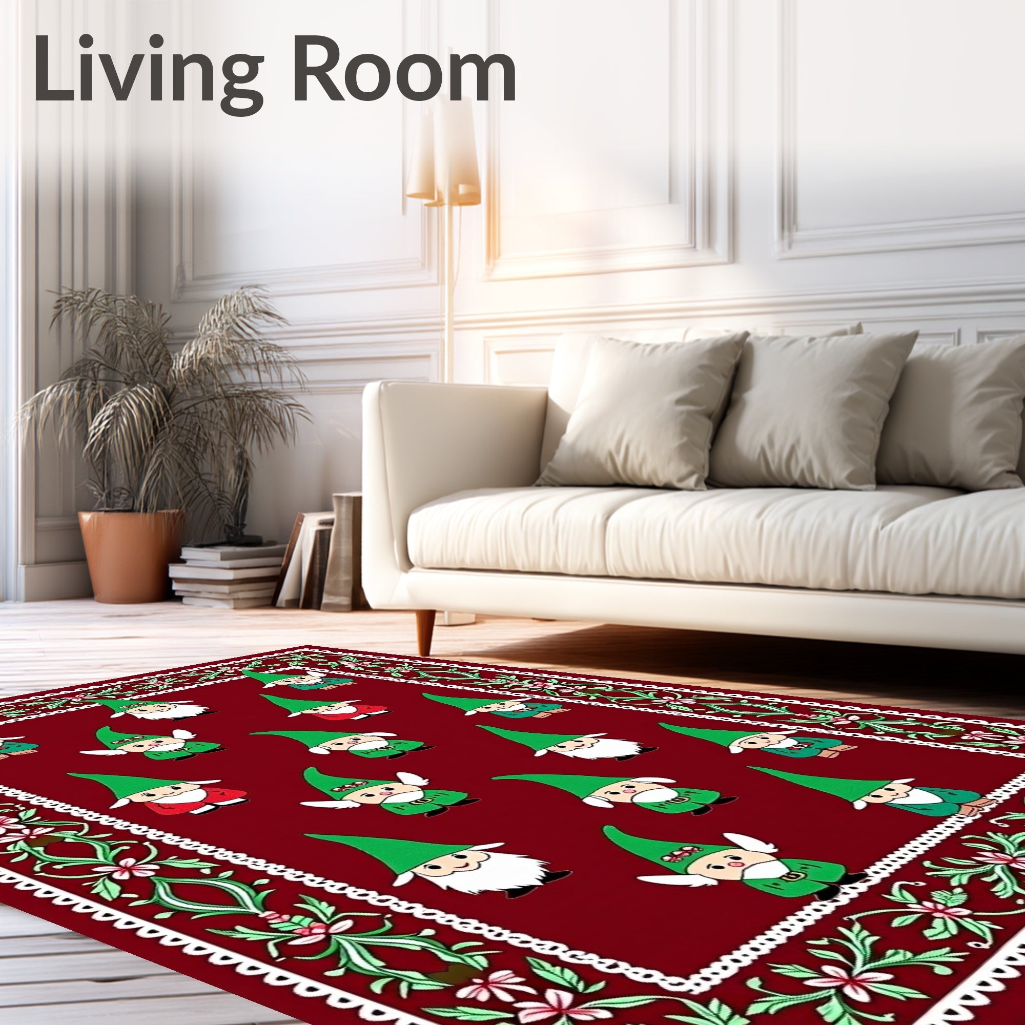 Festive Gnome Border with Red Background Rug