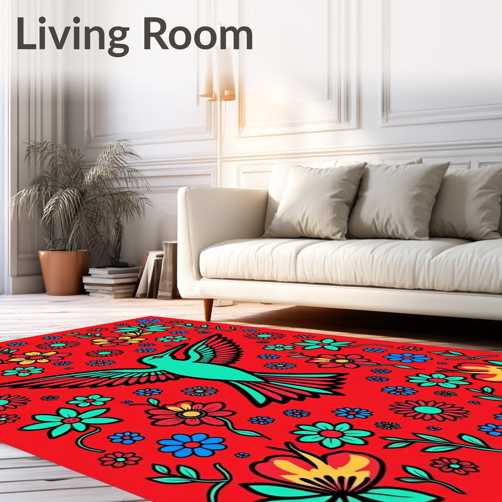 Vibrant Red Hummingbird Floral Garden Rug