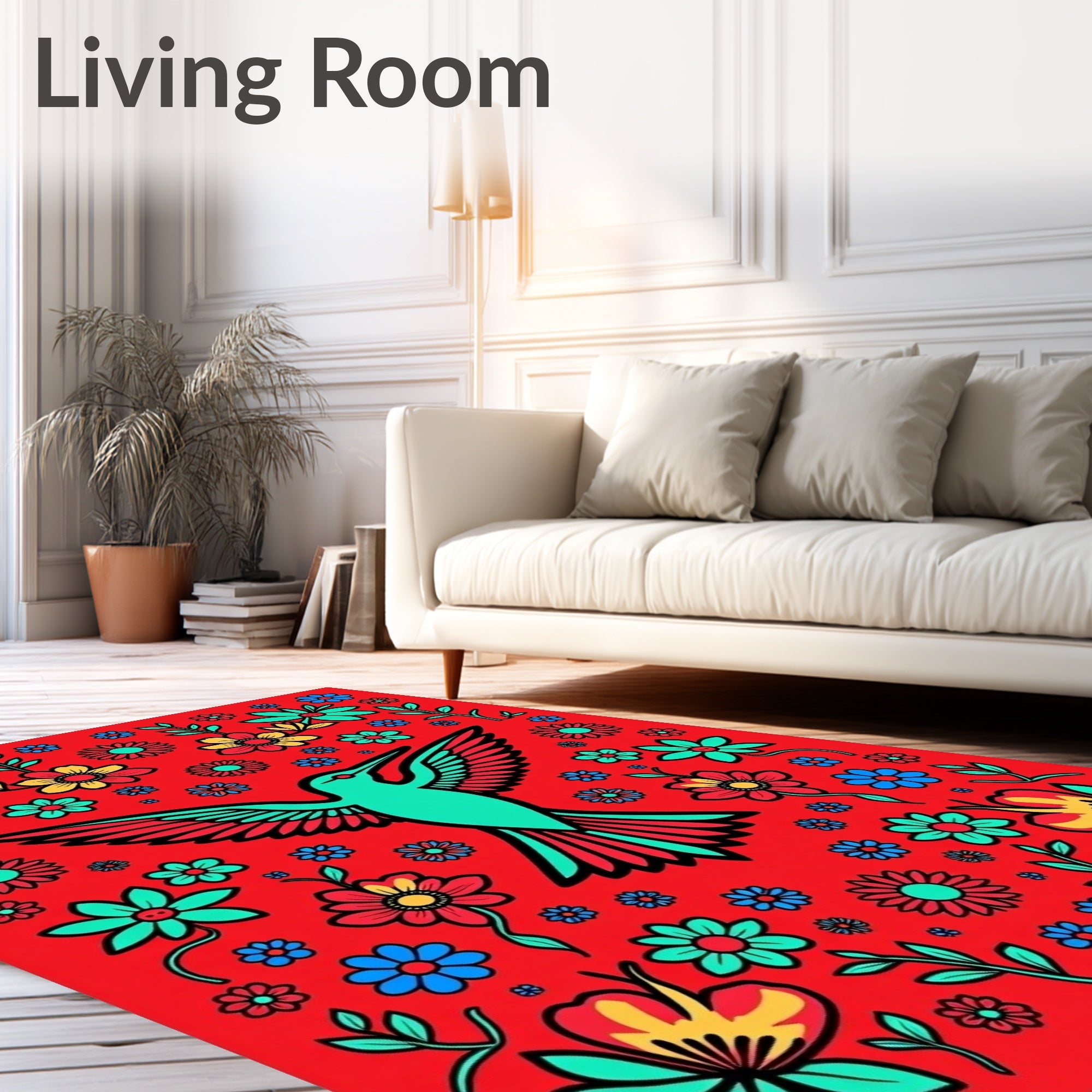 Vibrant Red Hummingbird Floral Garden Rug