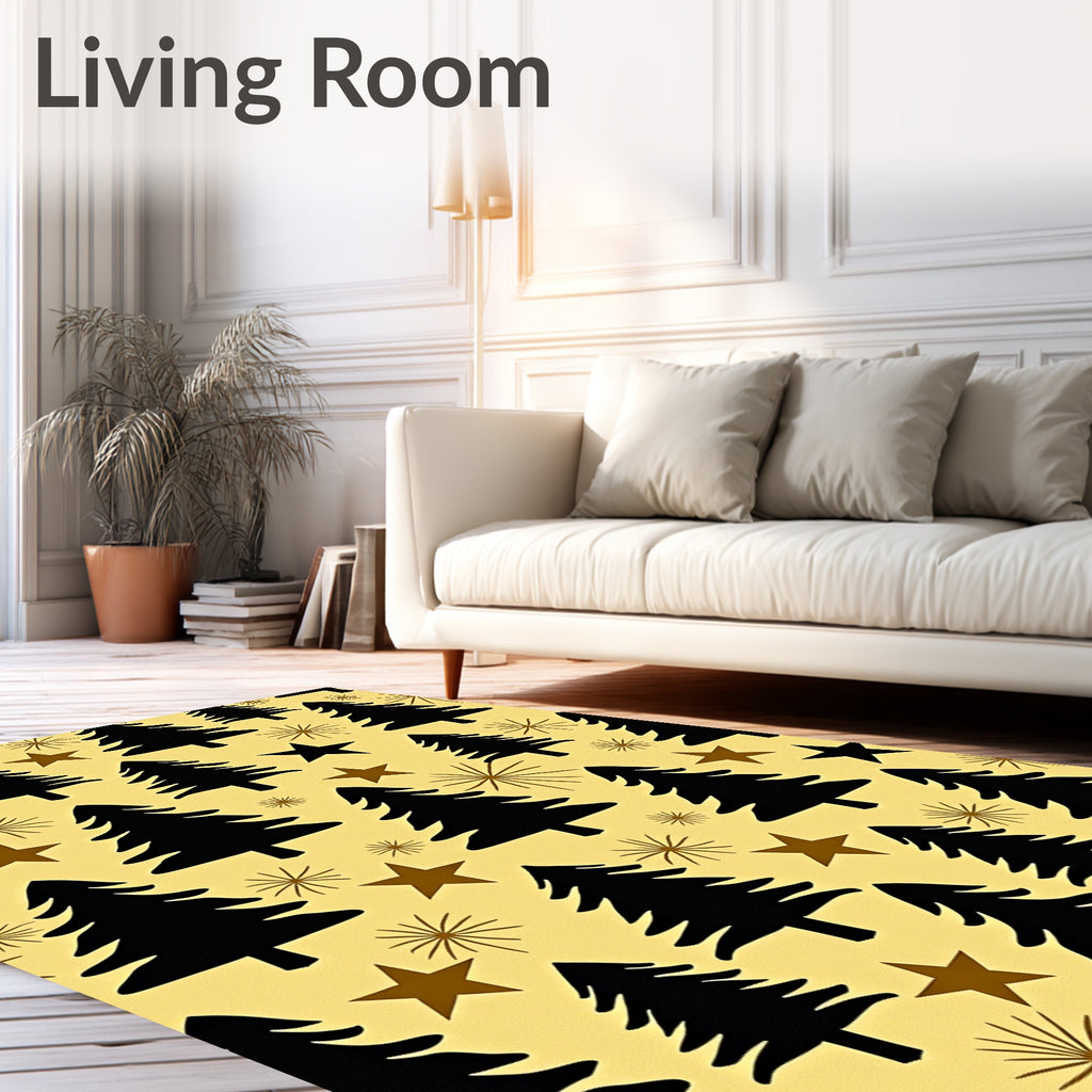 Black Evergreen Stars Yellow Background Rug