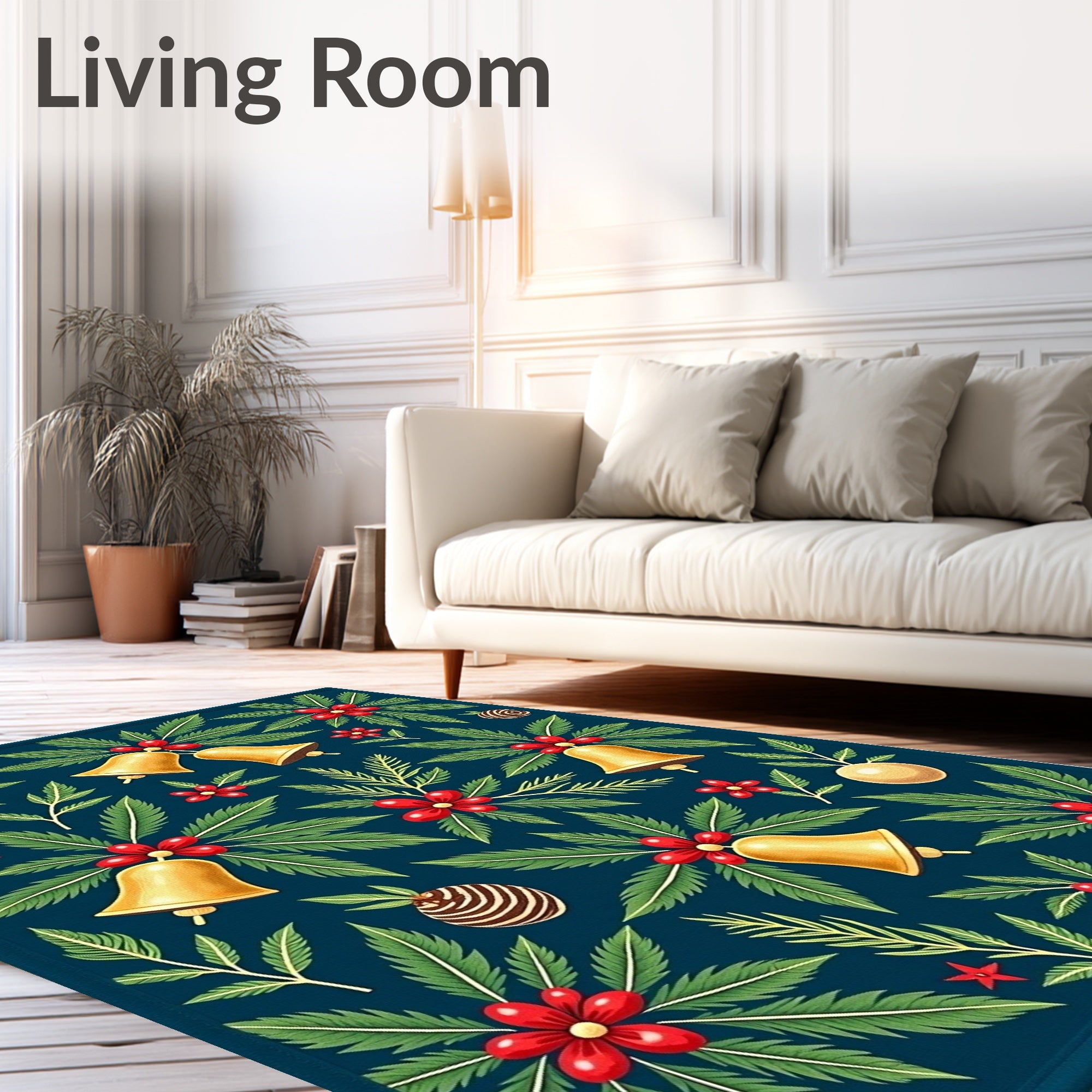 Festive Gold Bells Holly Berries Rug