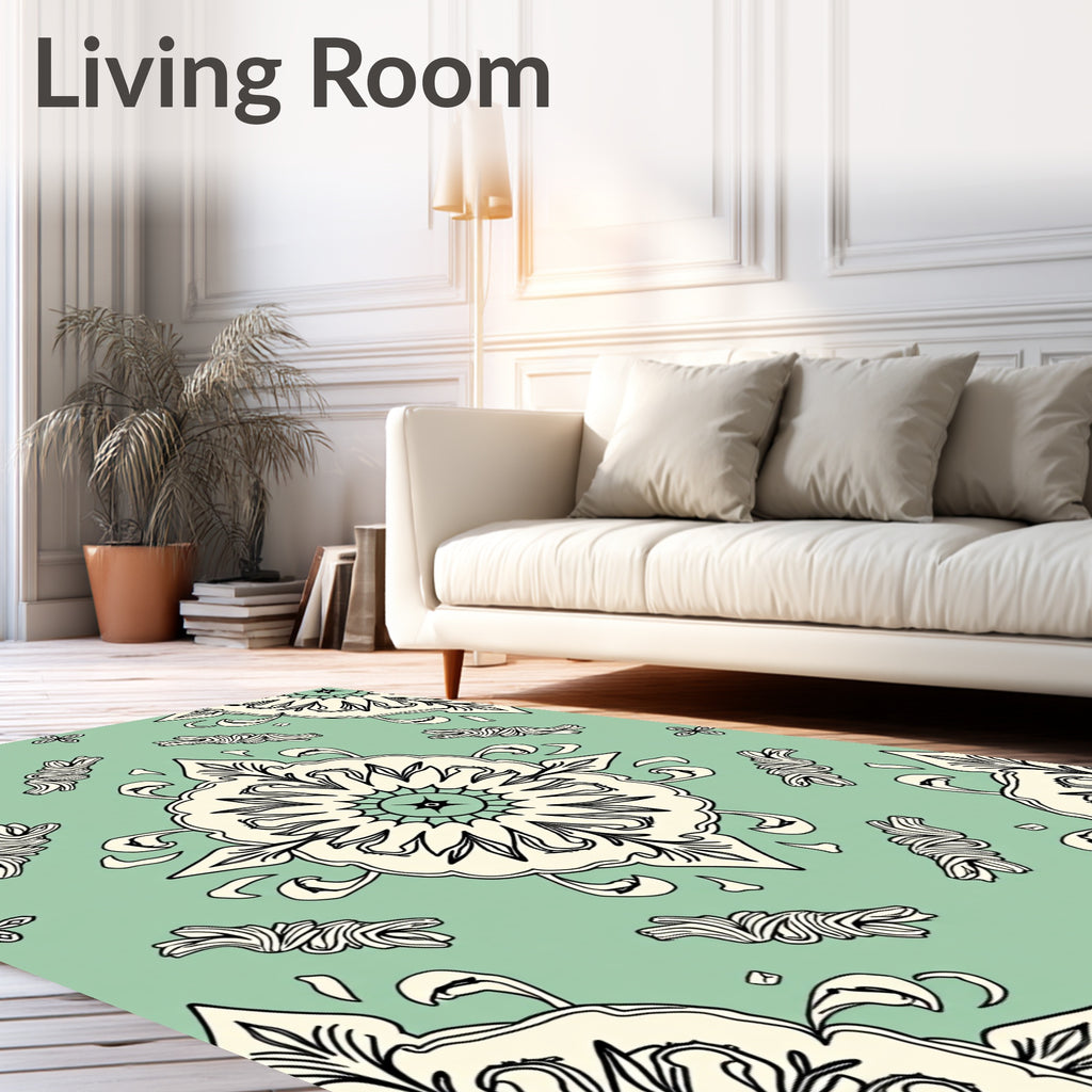 Cream Floral Medallion Mint Green Rug
