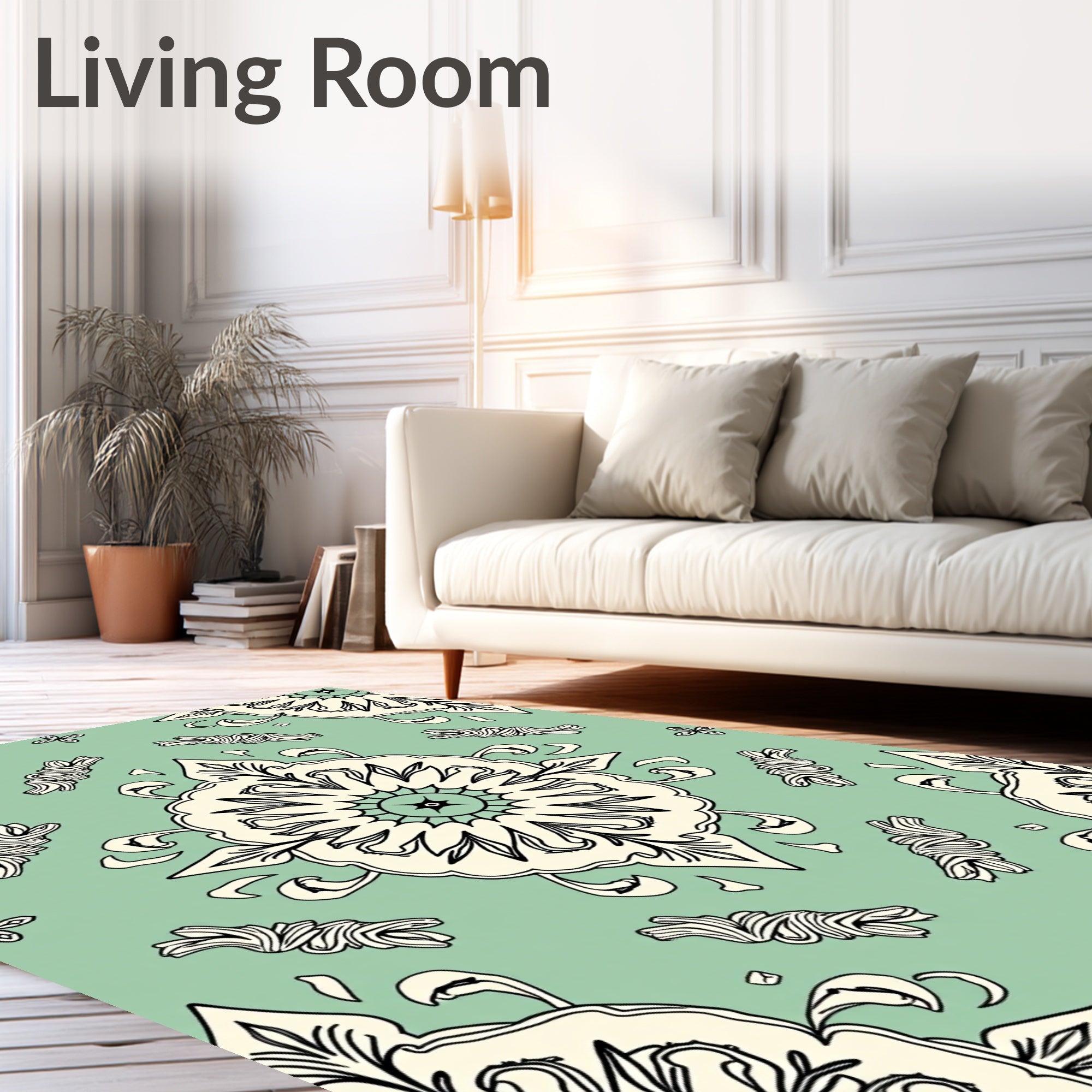 Cream Floral Medallion Mint Green Rug