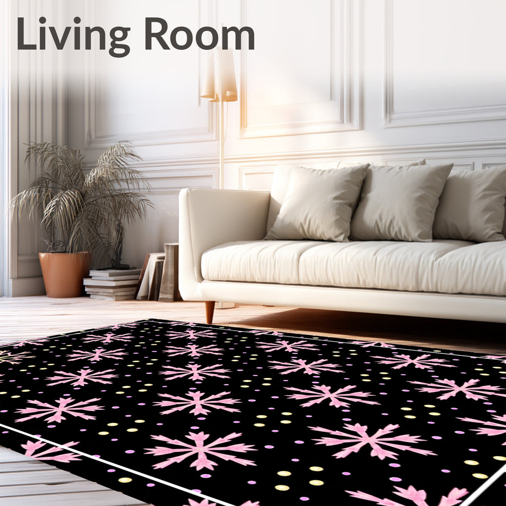Pink Snowflake Dot Black Background Rug