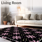 Pink Snowflake Dot Black Background Rug