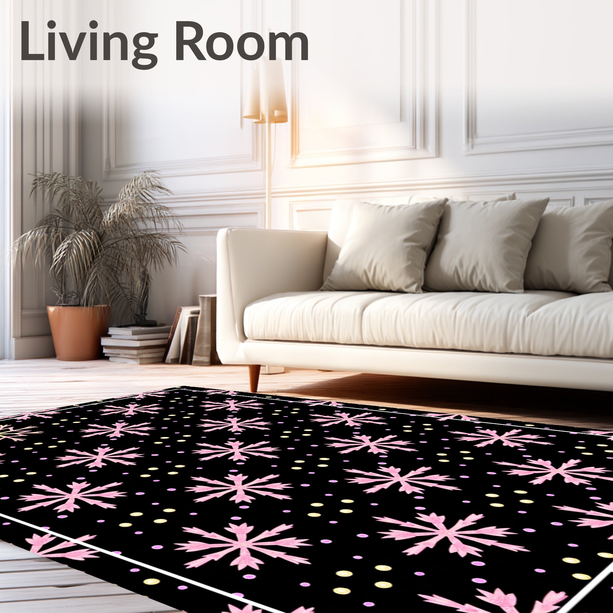 Pink Snowflake Dot Black Background Rug