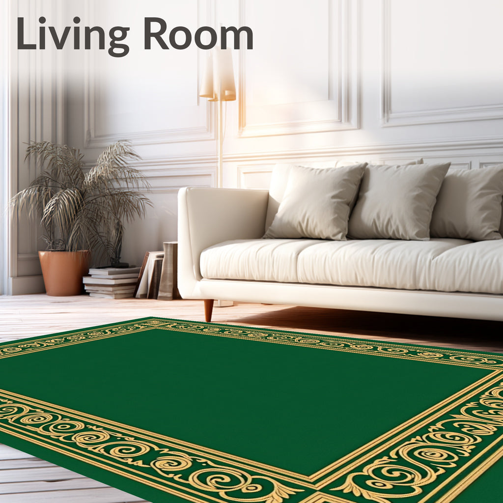 Emerald Green Gold Scroll Border Rug