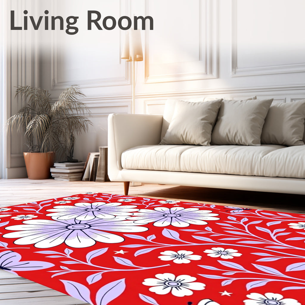 Vibrant Red Butterfly Floral Meadow Rug