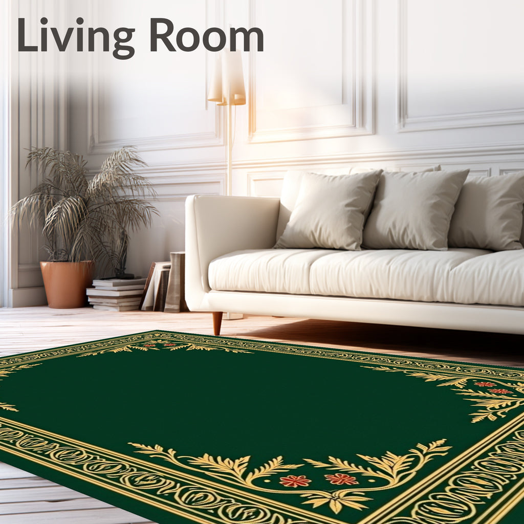 Emerald Green Golden Floral Border Rug