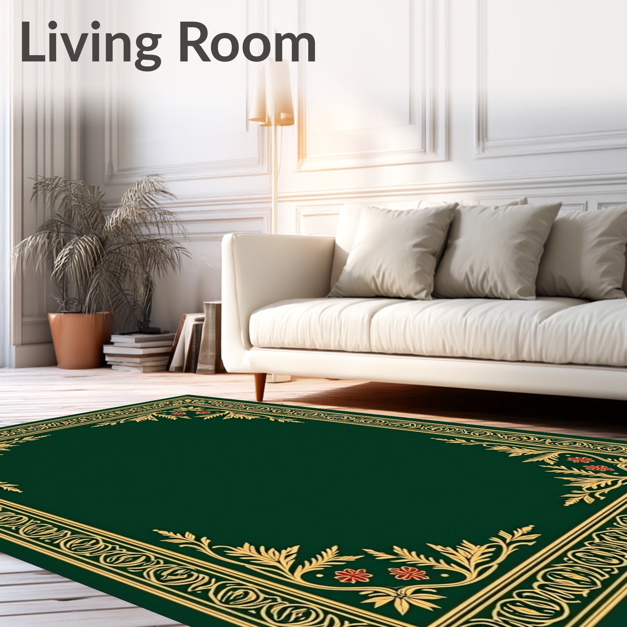 Emerald Green Golden Floral Border Rug