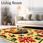 Folk Art Rooster Red Snowflake Border Rug