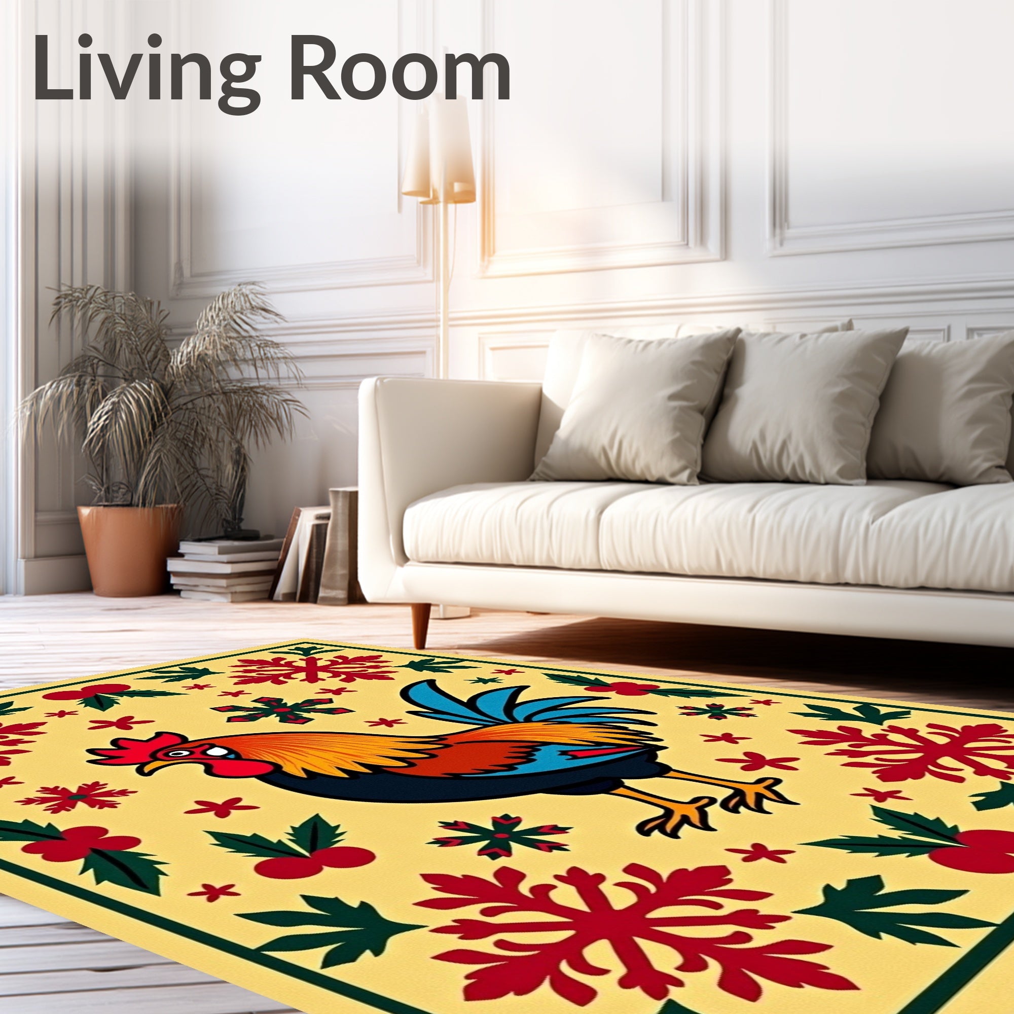 Folk Art Rooster Red Snowflake Border Rug